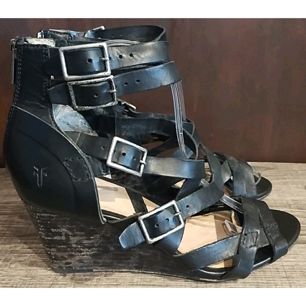 Frye Black Womens 8.5 Leather Platform Wedge Heel Ankle Strap Sandals Buckle